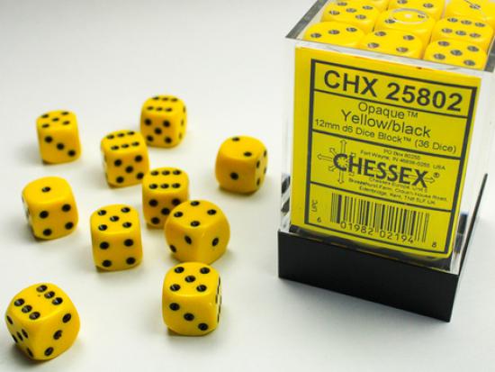 Opaque 12mm d6 Yellow/black Dice Block (36 dice)